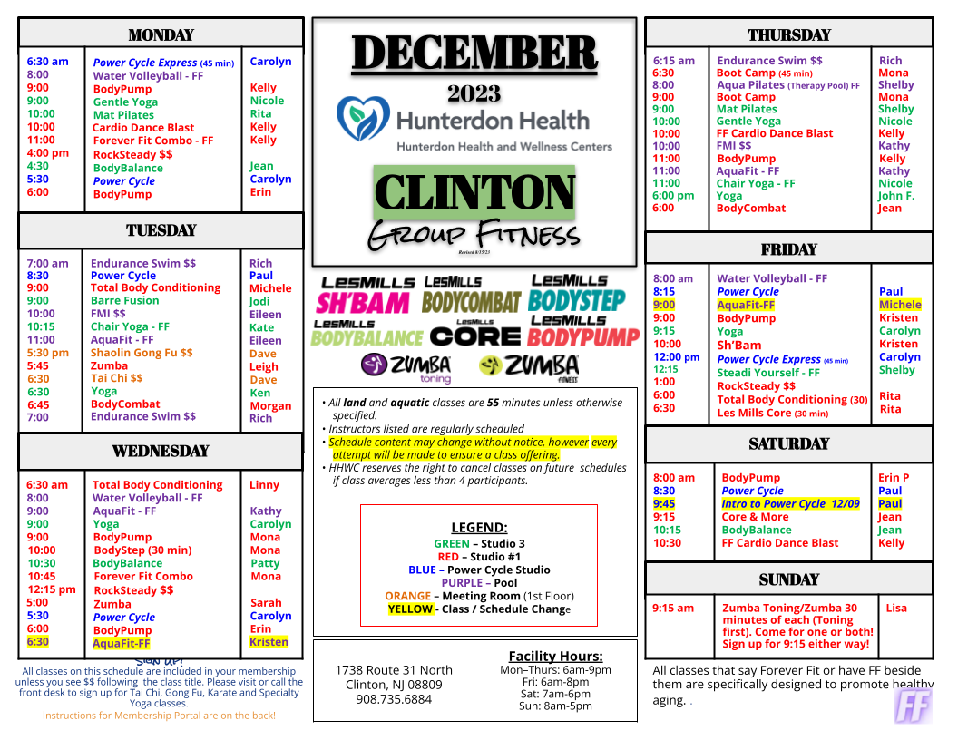 Group Fitness Schedule | Hunterdon